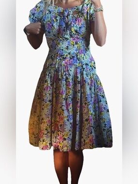 True Vintage 80s Floral Dress Puff Sleeve Fit & Flare Cottagecore XS/S